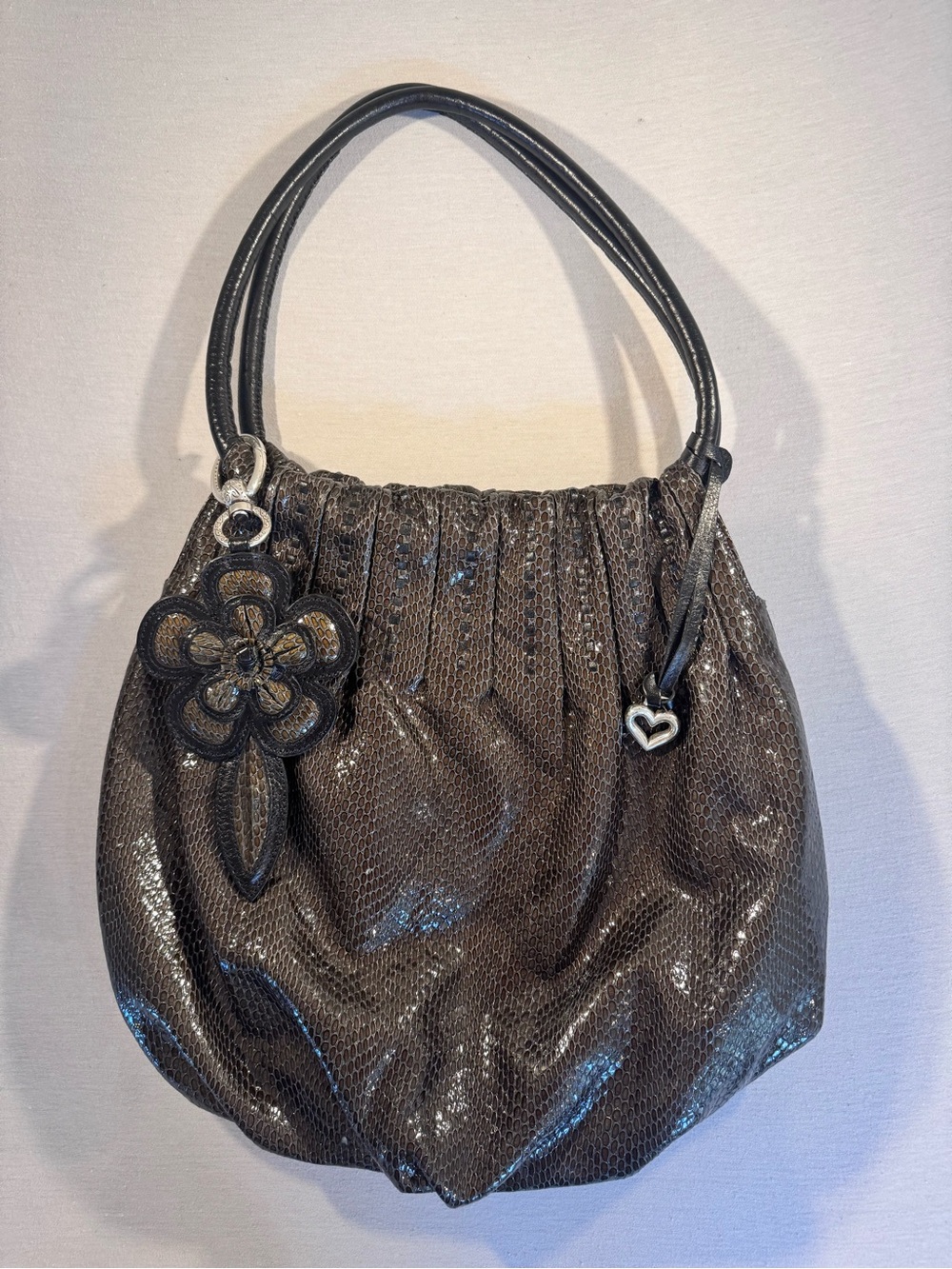Vintage Brighton Snake Print Hobo Bag Leather Flower Charm Y2K